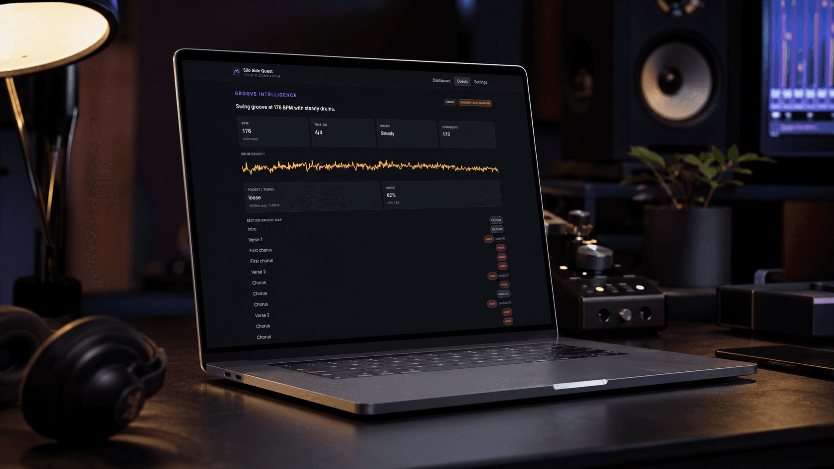 Side Quest groove intelligence report on a studio laptop